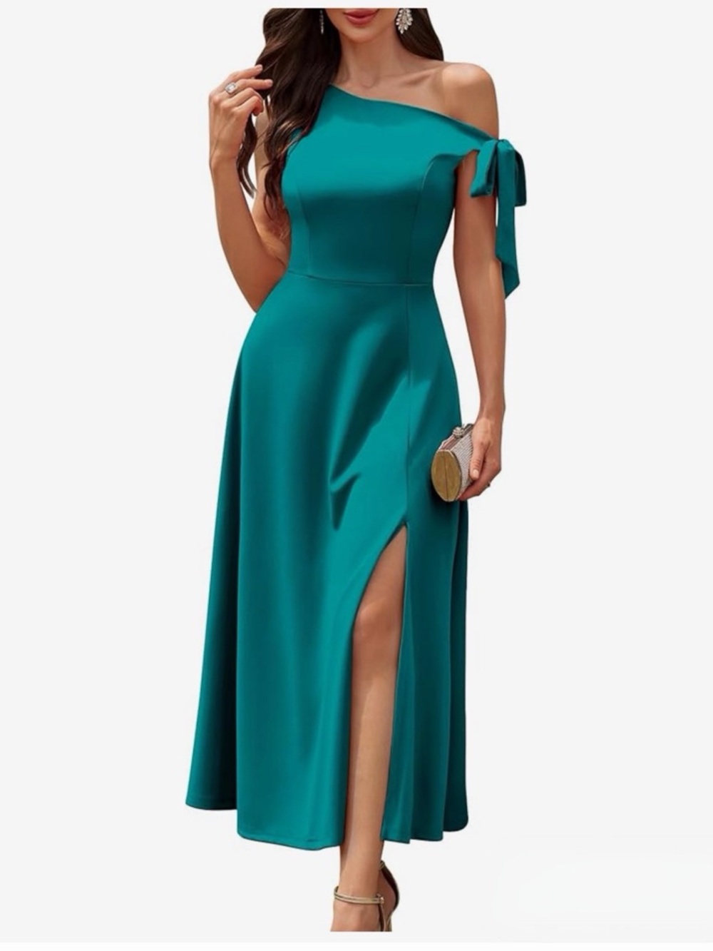 One-Shoulder Teal Evening Dress with Side Slit